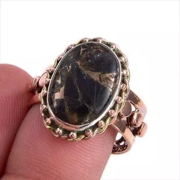 Natural Black Copper Turquoise TwoTone 925 Sterling Silver Jewelry Ring S.8 u3q85