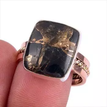 Natural Black Copper Turquoise TwoTone 925 Sterling Silver Jewelry Ring S.9 h4K25