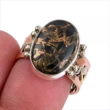 Natural Black Copper Turquoise TwoTone 925 Sterling Silver Jewelry Ring S.8 A2V36