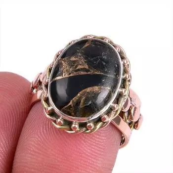 Natural Black Copper Turquoise TwoTone 925 Sterling Silver Jewelry Ring S.7 t0m92