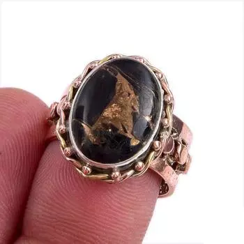 Natural Black Copper Turquoise TwoTone 925 Sterling Silver Jewelry Ring S.7 j3B57