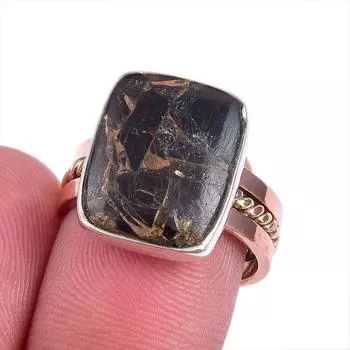 Natural Black Copper Turquoise TwoTone 925 Sterling Silver Jewelry Ring S.6 P8z74