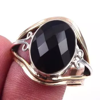 Natural Black Onex Gemstone 925 Sterling Silver Jewelry Two Tone Ring S.9.5 M9C56