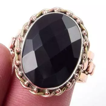 Natural Black Onex Gemstone Handmade 925 Sterling Silver Two Tone Ring S.9 t6r20