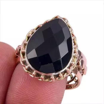 Natural Black Onex Gemstone Two Tone 925 Sterling Silver Jewelry Ring S.9.5 U8i86
