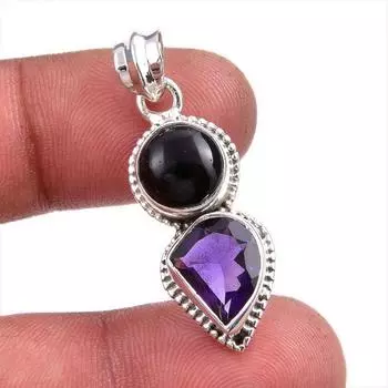 Natural Black Onyx,Amethyst Gemstone 925 Solid Silver Jewelry Pendant 1.50 K7o50