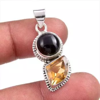 Natural Black Onyx,Citrine Gemstone Handmade 925 Solid Silver Pendant 1.50 Q8t20