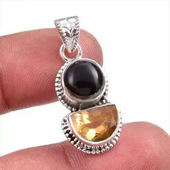 Natural Black Onyx,Citrine Gemstone Handmade 925 Solid Silver Pendant 1.50 l6g62