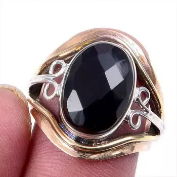 Natural Black Onyx Gemstone 925 Solid Silver Jewelry Two Tone Ring S.6.5US O5R45
