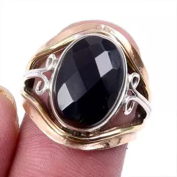 Natural Black Onyx Gemstone 925 Solid Silver Jewelry Two Tone Ring Size 5US q0Y27