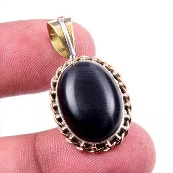 Natural Black Onyx Gemstone 925 Solid Sterling Silver Two Tone Pendant 1.5 M2Z02