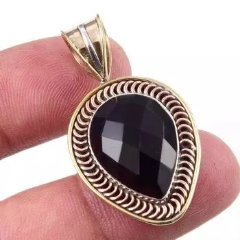 Natural Black Onyx Gemstone 925 Solid Sterling Silver TwoTone Pendant 1.50 R1R98