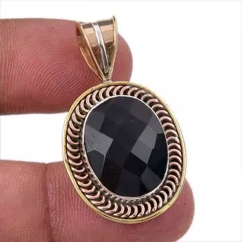 Natural Black Onyx Gemstone 925 Solid Sterling Silver TwoTone Pendant 1.50 U6b67