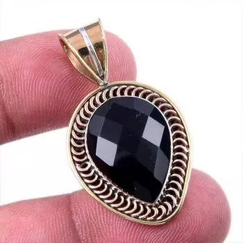 Natural Black Onyx Gemstone 925 Solid Sterling Silver TwoTone Pendant 1.50 K0U27