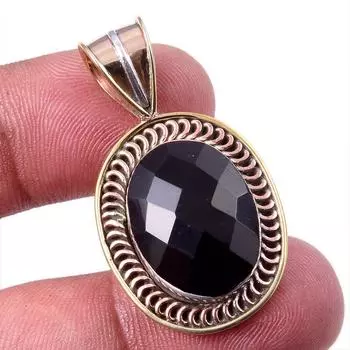Natural Black Onyx Gemstone 925 Solid Sterling Silver TwoTone Pendant 1.50 g7z99