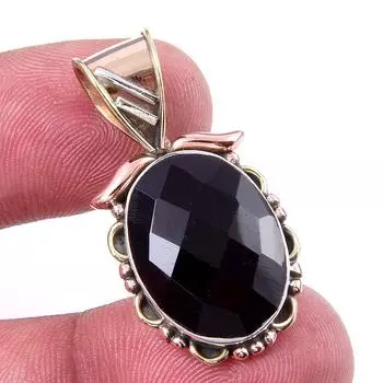 Natural Black Onyx Gemstone 925 Solid Sterling Silver TwoTone Pendant 1.25 g9M33