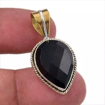 Natural Black Onyx Gemstone 925 Solid Sterling Silver TwoTone Pendant 1.50 u1F54