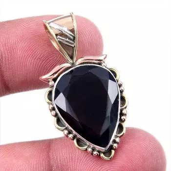 Natural Black Onyx Gemstone 925 Solid Sterling Silver TwoTone Pendant 1.50 F1O61
