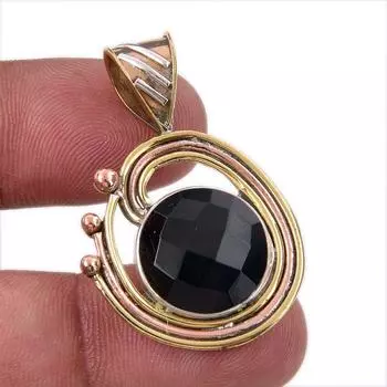 Natural Black Onyx Gemstone 925 Solid Sterling Silver TwoTone Pendant 1.50 M5Q25