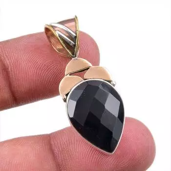 Natural Black Onyx Gemstone 925 Solid Sterling Silver TwoTone Pendant 1.50 F2k96