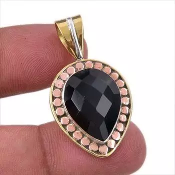 Natural Black Onyx Gemstone 925 Solid Sterling Silver TwoTone Pendant 1.50 I7H16
