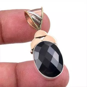 Natural Black Onyx Gemstone 925 Solid Sterling Silver TwoTone Pendant 1.50 g0g73