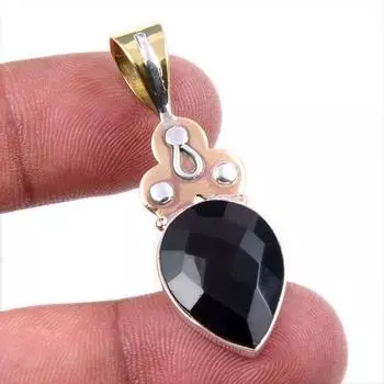 Natural Black Onyx Gemstone 925 Solid Sterling Silver TwoTone Pendant 1.75 b6P57