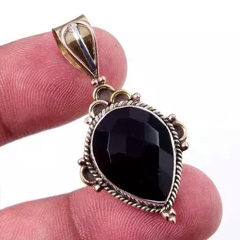 Natural Black Onyx Gemstone 925 Solid Sterling Silver TwoTone Pendant 1.50 R1U19