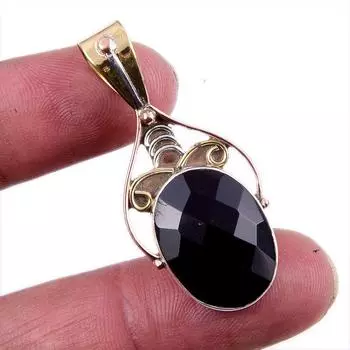 Natural Black Onyx Gemstone 925 Solid Sterling Silver TwoTone Pendant 1.75 h9Z75
