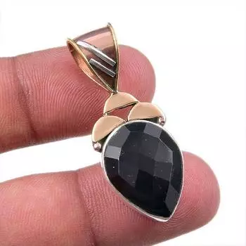 Natural Black Onyx Gemstone 925 Solid Sterling Silver TwoTone Pendant 1.50 q4M12