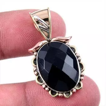 Natural Black Onyx Gemstone 925 Solid Sterling Silver TwoTone Pendant 1.25 k5r28