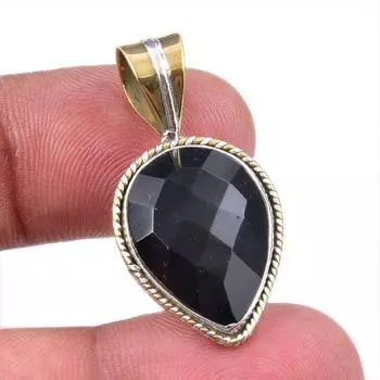 Natural Black Onyx Gemstone 925 Solid Sterling Silver TwoTone Pendant 1.50 Y3l64