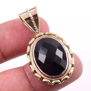 Natural Black Onyx Gemstone 925 Solid Sterling Silver TwoTone Pendant 1.50 f1Q74