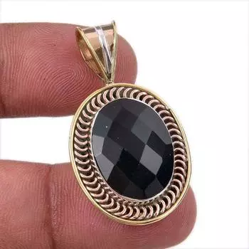 Natural Black Onyx Gemstone 925 Solid Sterling Silver TwoTone Pendant 1.50 h9B04