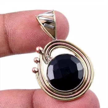 Natural Black Onyx Gemstone 925 Solid Sterling Silver TwoTone Pendant 1.50 J9o46