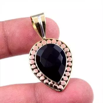 Natural Black Onyx Gemstone 925 Solid Sterling Silver Two Tone Pendant 1.5 q8q68