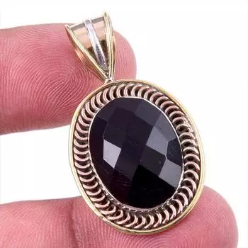 Natural Black Onyx Gemstone 925 Solid Sterling Silver TwoTone Pendant 1.50 h9G97