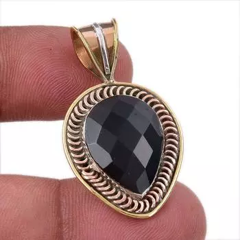 Natural Black Onyx Gemstone 925 Solid Sterling Silver TwoTone Pendant 1.50 I9U08