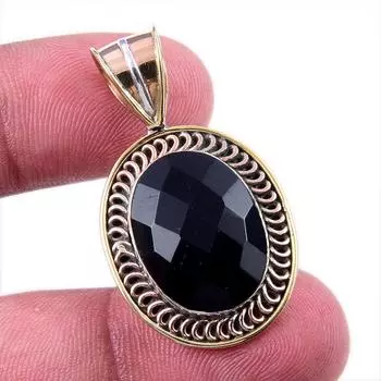 Natural Black Onyx Gemstone 925 Solid Sterling Silver TwoTone Pendant 1.50 R3u79
