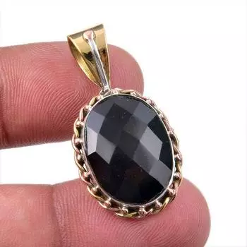 Natural Black Onyx Gemstone 925 Solid Sterling Silver TwoTone Pendant 1.50 P9j18