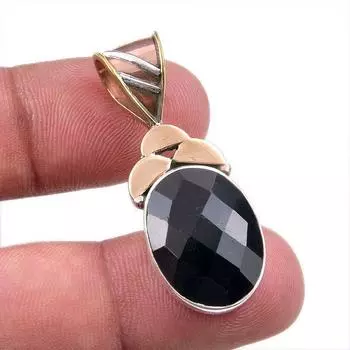 Natural Black Onyx Gemstone 925 Solid Sterling Silver TwoTone Pendant 1.50 F0E69