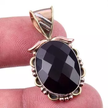 Natural Black Onyx Gemstone 925 Solid Sterling Silver TwoTone Pendant 1.25 C1Y23