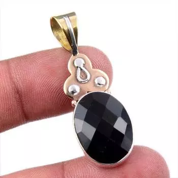 Natural Black Onyx Gemstone 925 Solid Sterling Silver TwoTone Pendant 1.75 K7A16