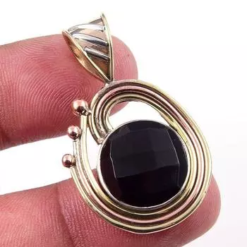 Natural Black Onyx Gemstone 925 Solid Sterling Silver TwoTone Pendant 1.50 h2W50