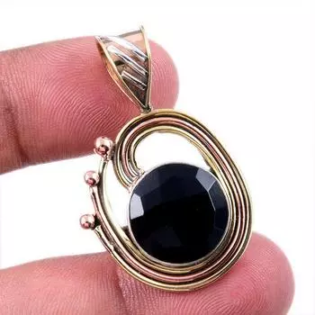 Natural Black Onyx Gemstone 925 Solid Sterling Silver TwoTone Pendant 1.50 j6t02