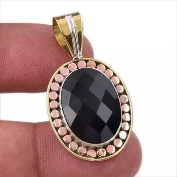 Natural Black Onyx Gemstone 925 Solid Sterling Silver TwoTone Pendant 1.50 o7o34