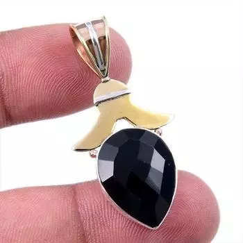 Natural Black Onyx Gemstone 925 Solid Sterling Silver TwoTone Pendant 1.50 F1I25