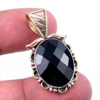 Natural Black Onyx Gemstone 925 Solid Sterling Silver TwoTone Pendant 1.25 p1B54