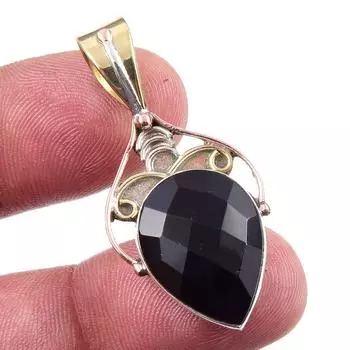 Natural Black Onyx Gemstone 925 Solid Sterling Silver TwoTone Pendant 1.50 R3B44