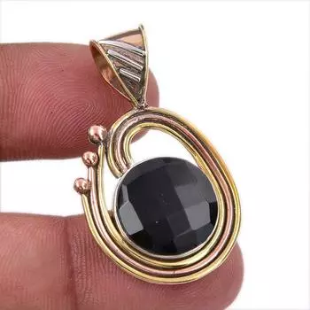 Natural Black Onyx Gemstone 925 Solid Sterling Silver TwoTone Pendant 1.50 S7S16